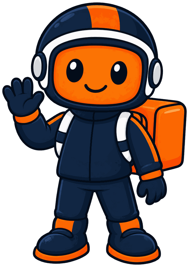 Mascota de Zumbeo: un repartidor con casco, chaqueta y caja de domicilios al hombro, saludando con la mano.